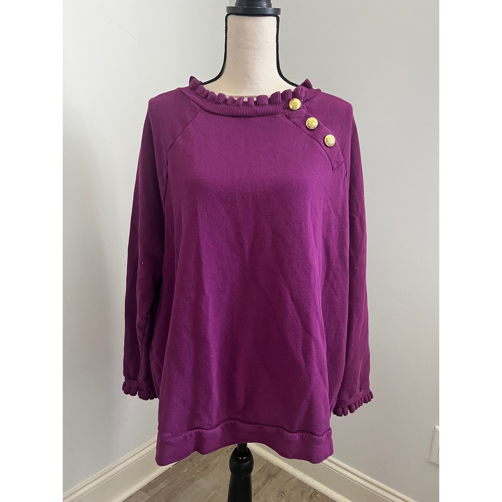 Talbots Purple Ruffle Neck Sweatshirt 2X Crest Button Preppy Chic Berry Office